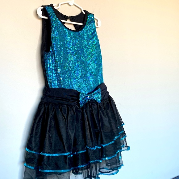 Peacock Blue Sequin Dance Costume LC – Girls Large Child Jazz Dress - Picture 4 of 8